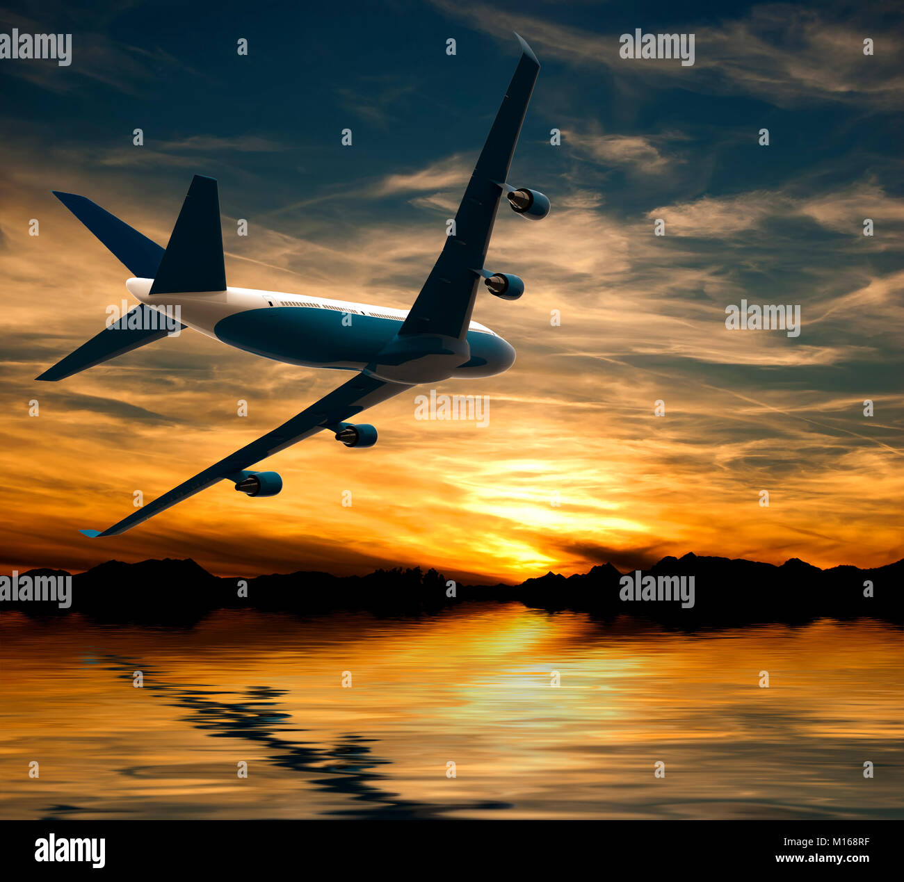 Volo aereo su acqua nel tramonto: 3D illustrazione Foto Stock