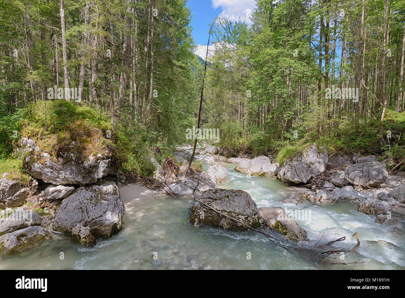 Fiume con rocce e veloce lo streaming di acqua nelle alpi bavaresi Foto Stock