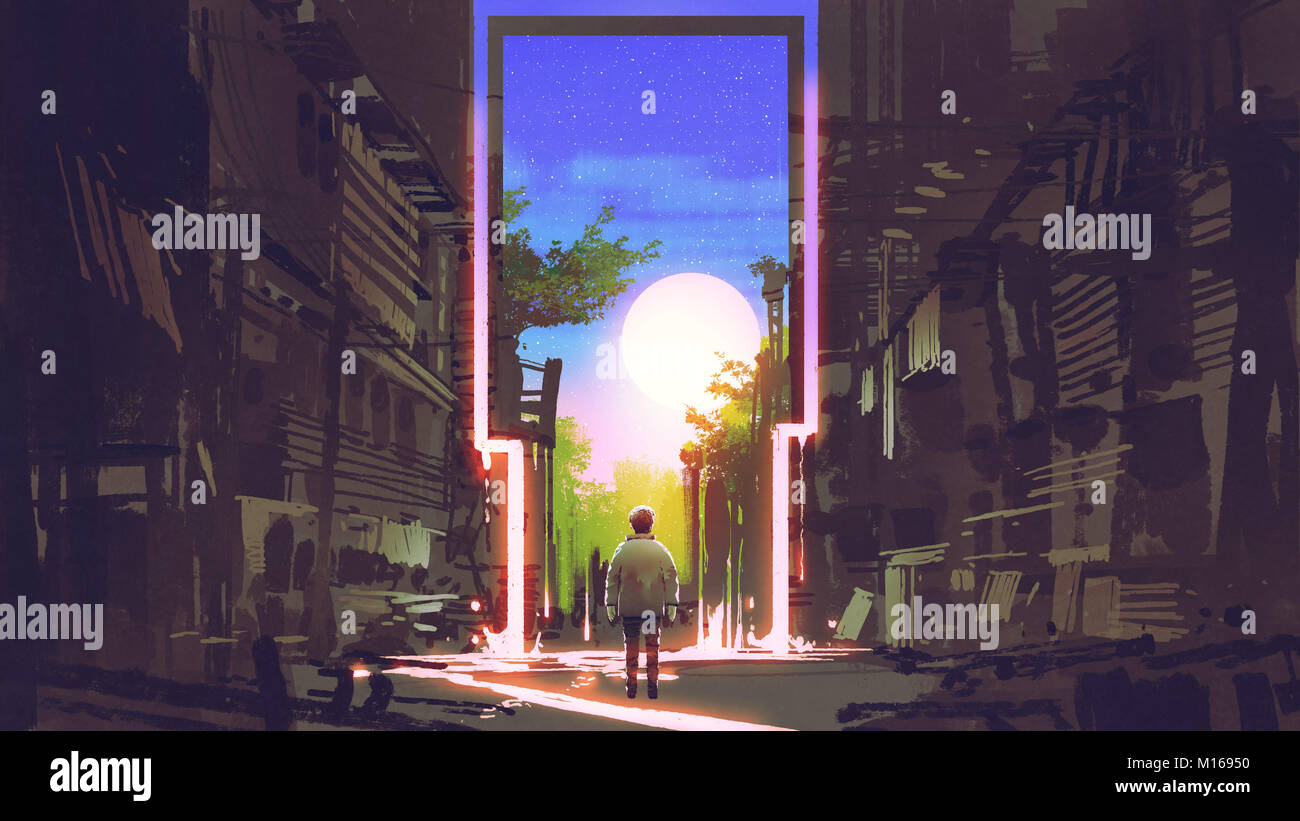 Giovane ragazzo in piedi in città abbandonate guardando il magic gate con bel posto, arte digitale stile, illustrazione pittura Foto Stock