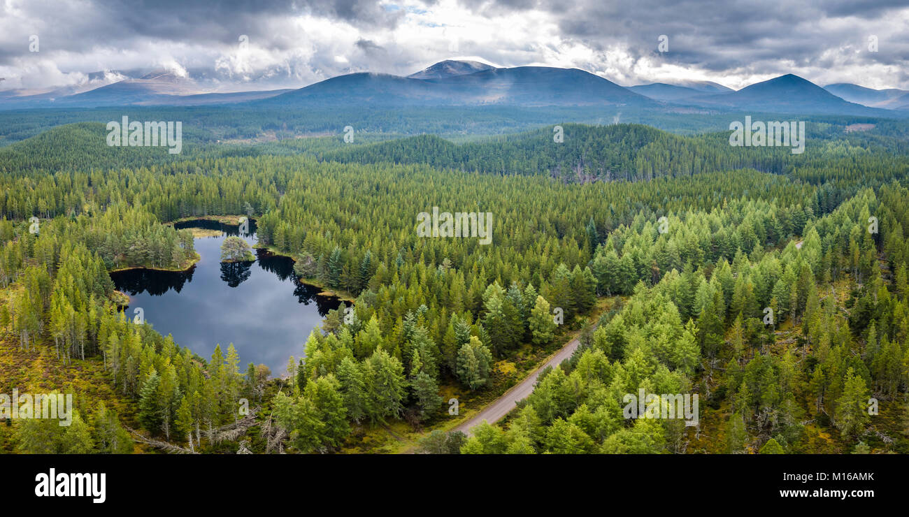 Panoramica di Loch Morlich, Glenmore Forest Park, Cairngorms National Park, Highlands Scozia, Gran Bretagna Foto Stock