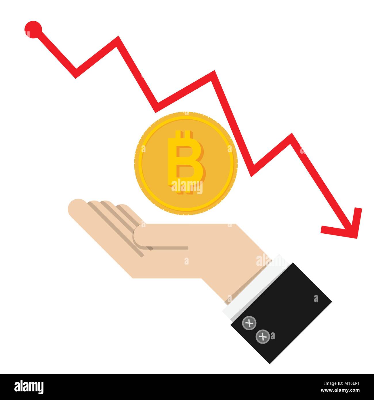 Vettore. finanziaria concetto caduta con golden Bitcoins scala sul grafico rosso sfondo grafico. isolato su sfondo bianco. trade finance concetto. Illustrazione Vettoriale