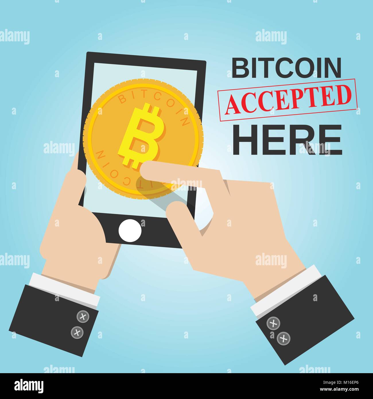 Lo smartphone nel business man mano con bitcoin segno e parola bitcoin accettato qui. bitcoin denaro elettronico concept Illustrazione Vettoriale