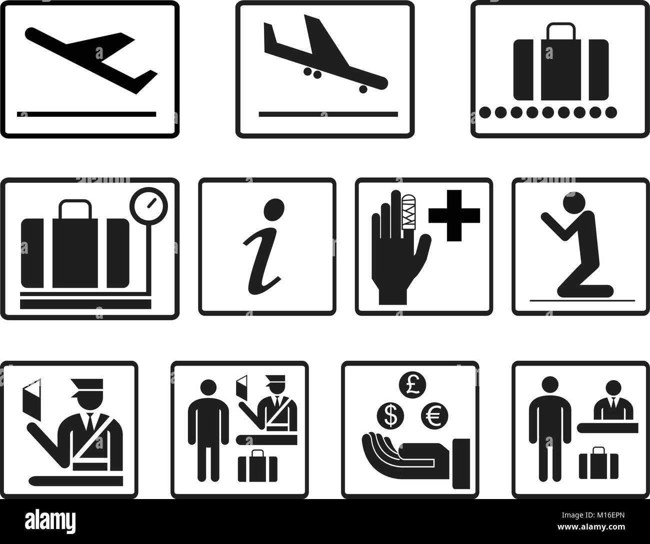 Aeroporto di semplice 2d icone set di vettore. Aeroporto di universale le icone da utilizzare per informazioni , compagnia aerea , partenza , arrivo volo , gate , Terminale , bag Illustrazione Vettoriale