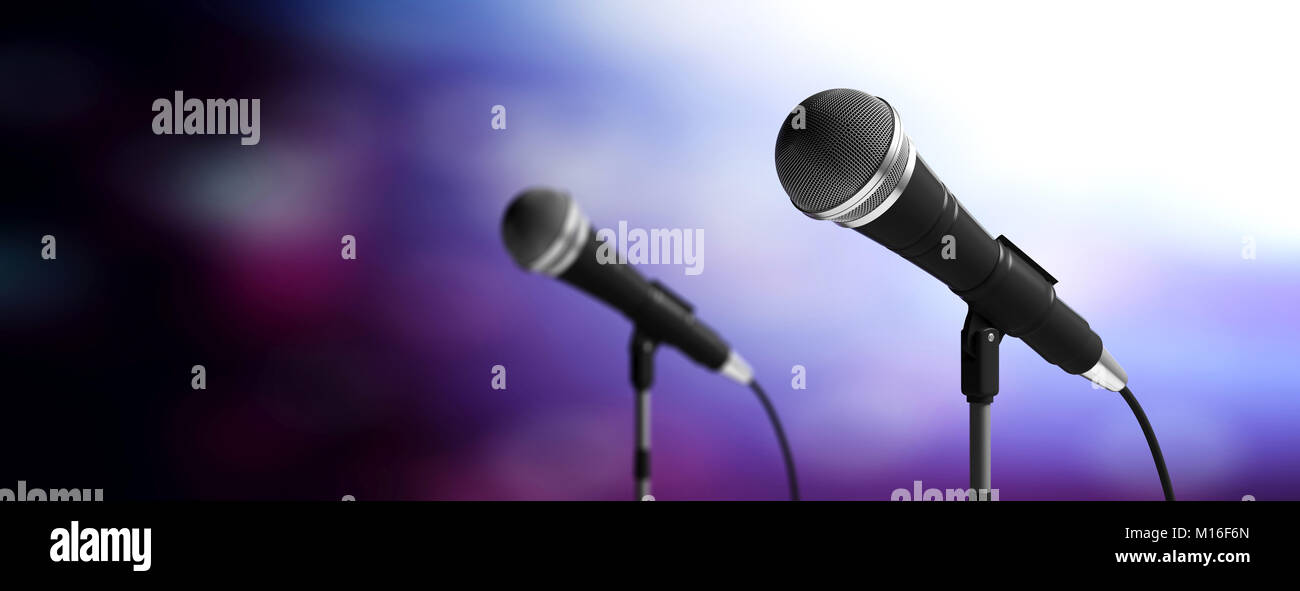 Microfoni a cavo su supporti blu su sfondo sfocato, banner, copia dello spazio. 3d illustrazione Foto Stock