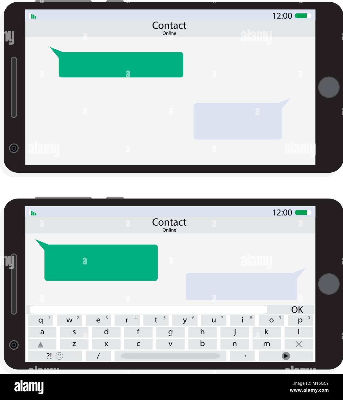 Lo schermo dello smartphone orizzontalmente interfaccia di messaggistica. Vector smart display con bolla del messaggio e la finestra di dialogo Messaggi di messaggistica illustrazione Illustrazione Vettoriale