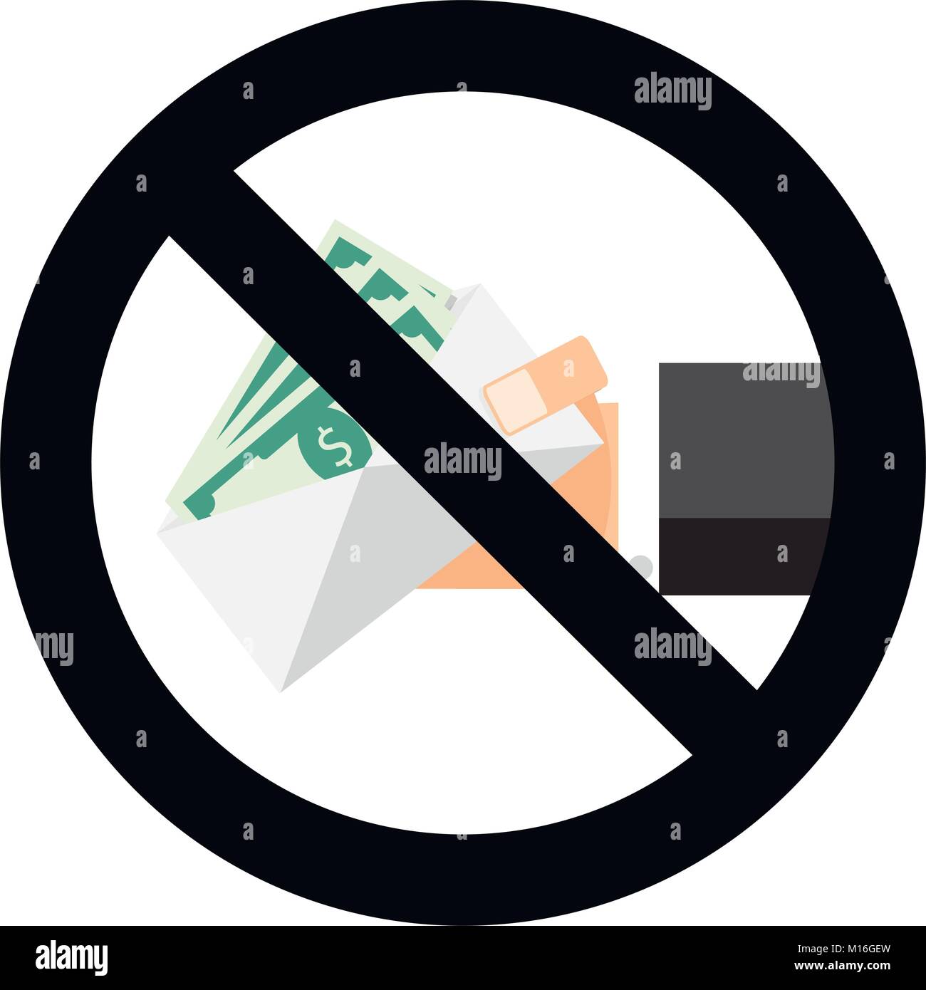 Divieto di corruzione segno di simbolo vettore. Il finanziamento di cassa simbolo di arresto, illustrazione di nessuna banconota in contanti in busta Illustrazione Vettoriale
