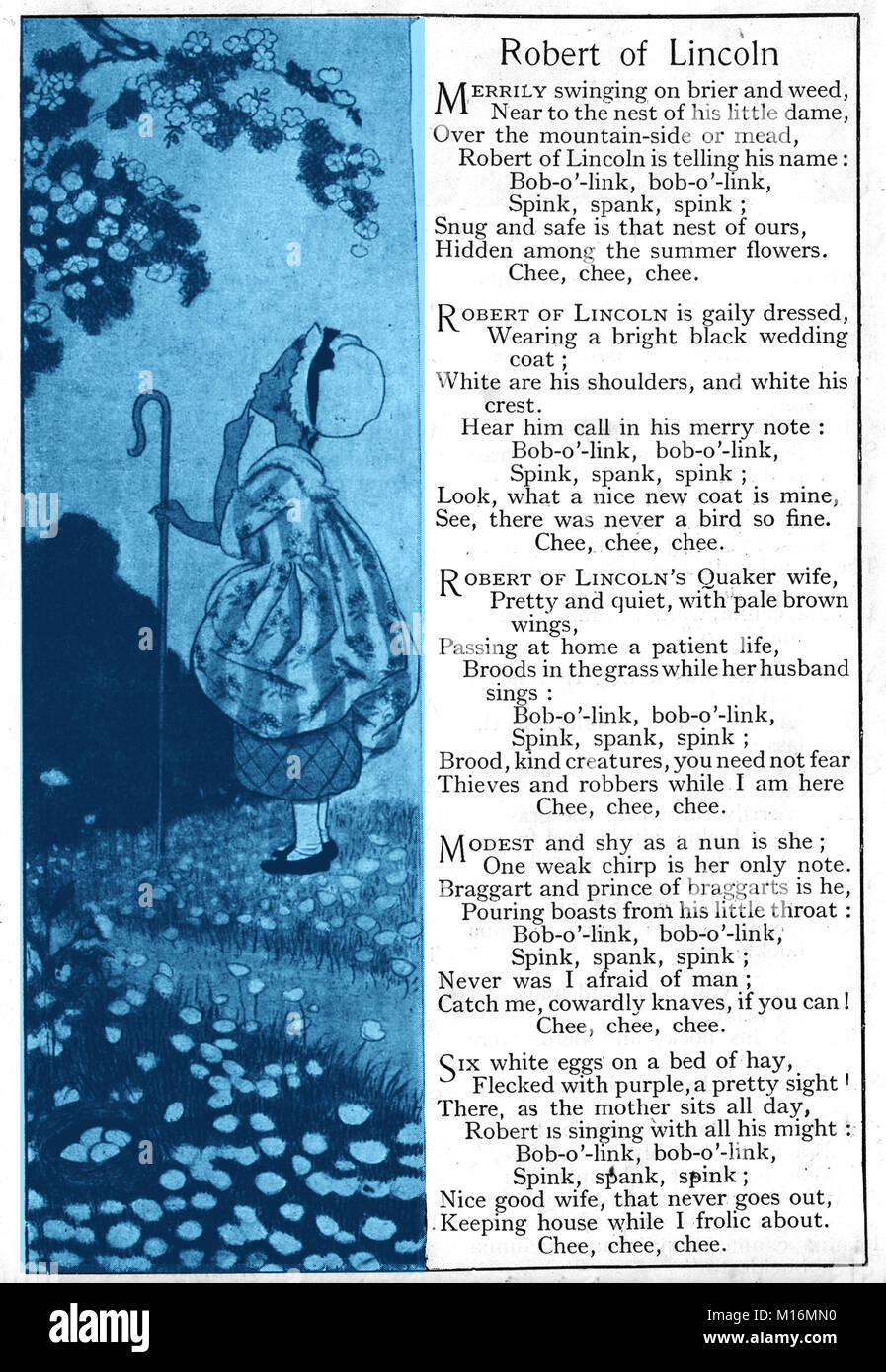Un 1921 libro per bambini immagine - illustrato filastrocca. Poesia ROBERT di Lincoln da William Cullen Bryant (1794-1878), avvocato americano, il poeta romantico, giornalista, e da lungo tempo editore del New York Evening Post Foto Stock