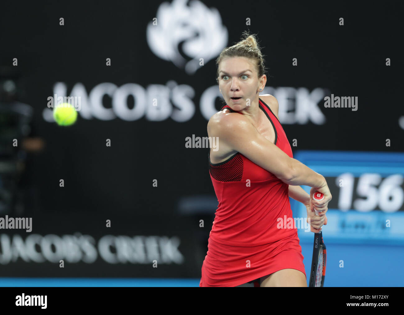 , Australia. Jan 27, 2018. Il rumeno tennista Simona Halep è in azione durante le finali corrispondono all'Australian Open vs danese giocatore di tennis Caroline WOZNIACKI il Jan 27, 2018 a Melbourne, Australia. Credito: YAN LERVAL/AFLO/Alamy Live News Credito: Aflo Co. Ltd./Alamy Live News Foto Stock