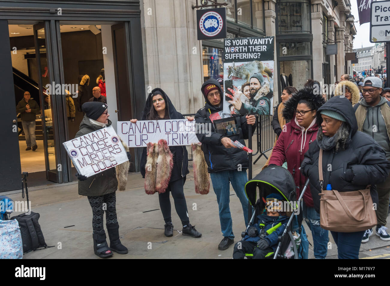 Londra, Regno Unito. Il 27 gennaio 2018. I dimostranti sono stati di nuovo al di fuori del Canada Goose flagship store in Regent St chiedendo agli acquirenti di boicottare il negozio a causa del terribile crudeltà coinvolti in cani di intrappolamento per la pelliccia e innalzare gli uccelli per giù utilizzati nell'azienda di abbigliamento. Un provvedimento inibitorio contro i manifestanti è stato modificato in dicembre per aumentare il numero di manifestanti ammessi e per consentire loud-hailers da utilizzare tra 2 e 8pm. Le proteste ora continuare il sabato e almeno una volta al giorno durante la settimana e sono detti essere avente un effetto sulle vendite in negozio. Peter Marshall / Alamy Live News Foto Stock