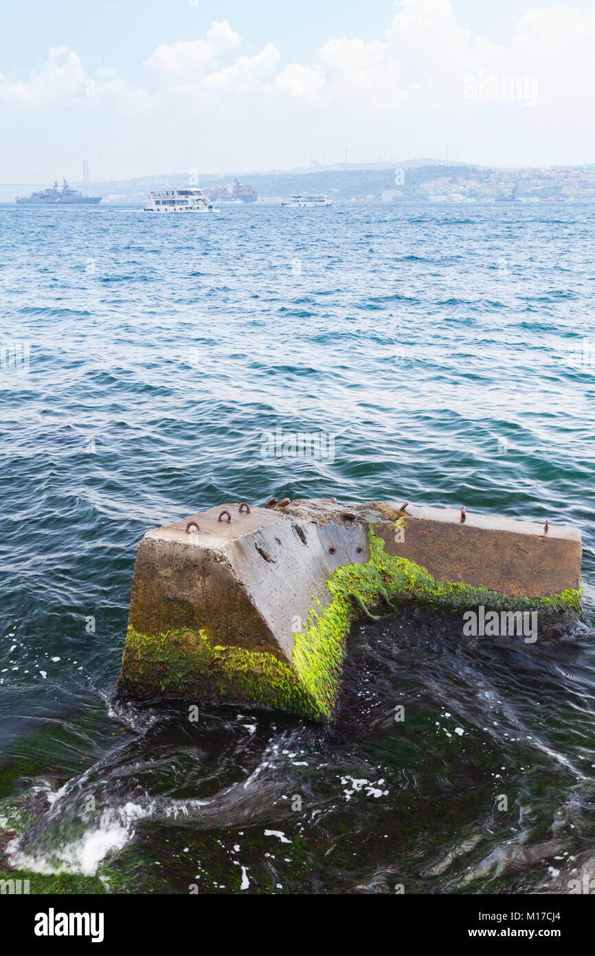 Rotture di molo di cemento con alghe verdi, Bosforo stretto Foto Stock