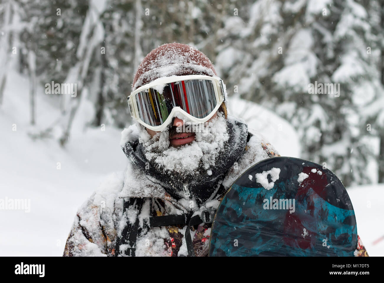 Ritratto di uomo barbuto occhiali da sci snowboard di contenimento in  montagna Foto stock - Alamy