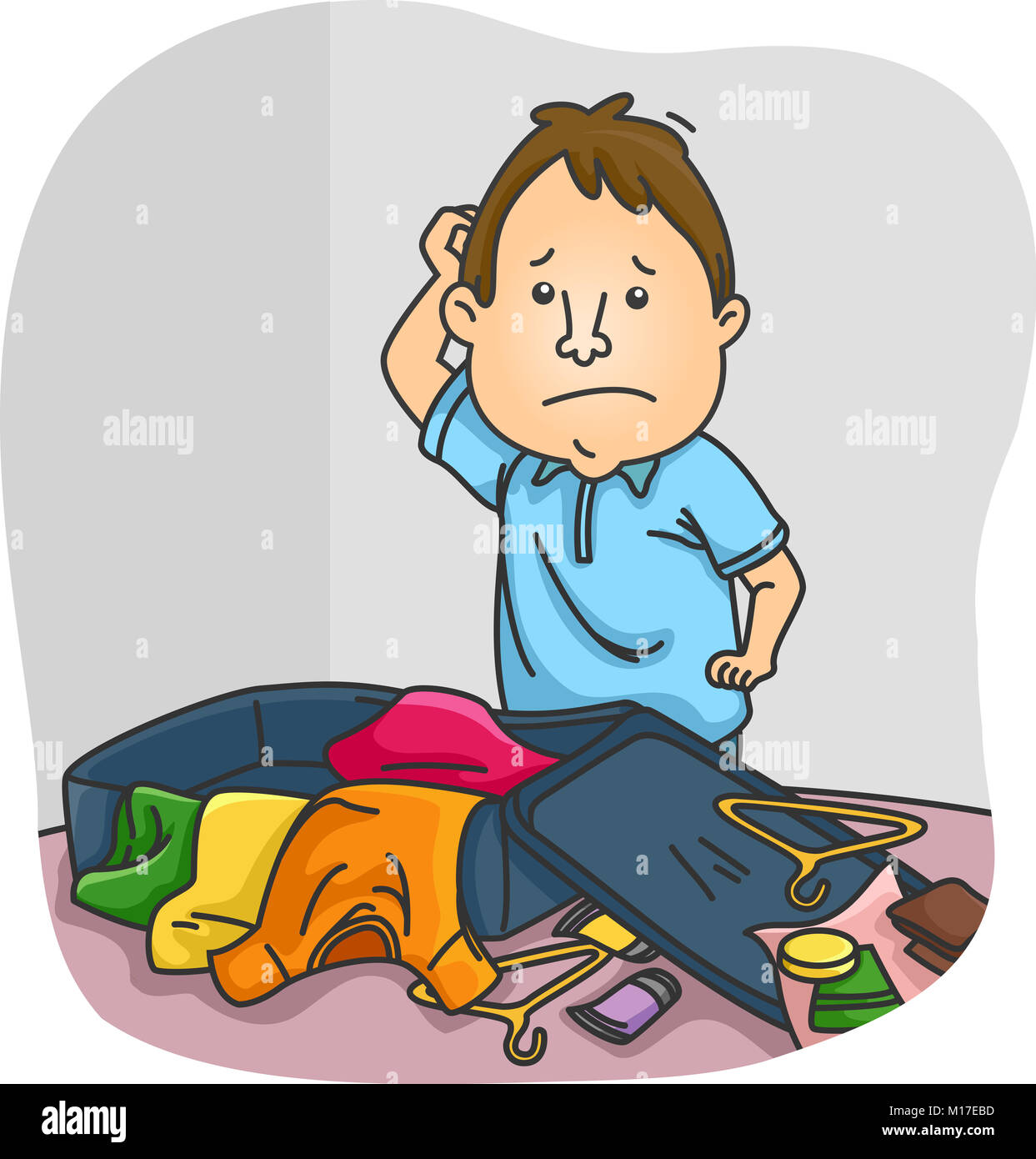Illustrazione con un uomo confuso pensando a come montare i suoi vestiti e altri oggetti all'interno di suoi bagagli Foto Stock