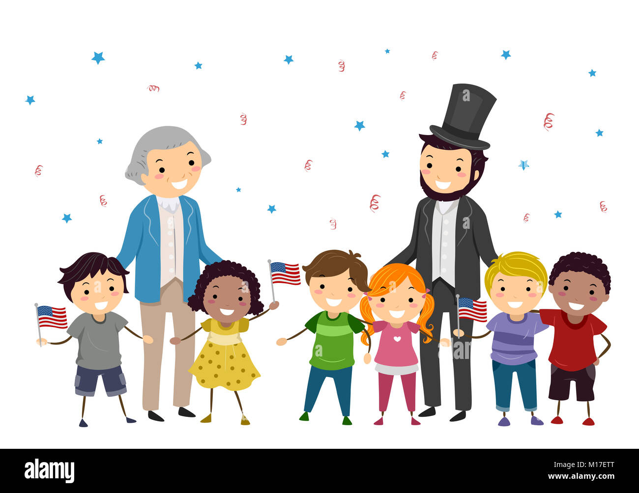 Illustrazione di Stickman Kids celebrando presidenti giorno con Washington e Lincoln caratteri Foto Stock