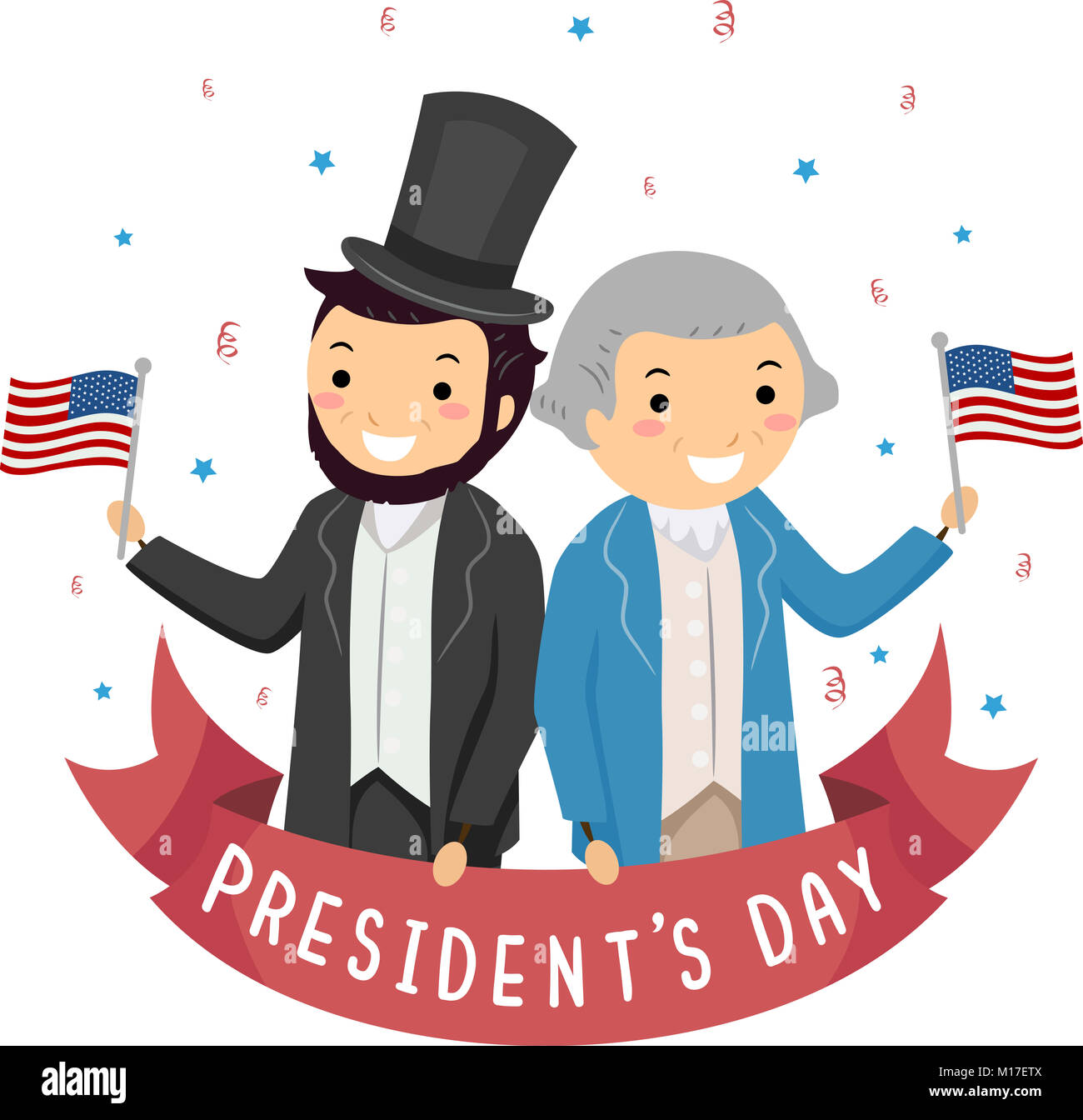 Illustrazione di uomini che indossano Lincoln e Washington Costume ci sventola bandiera per presidenti giorno Foto Stock