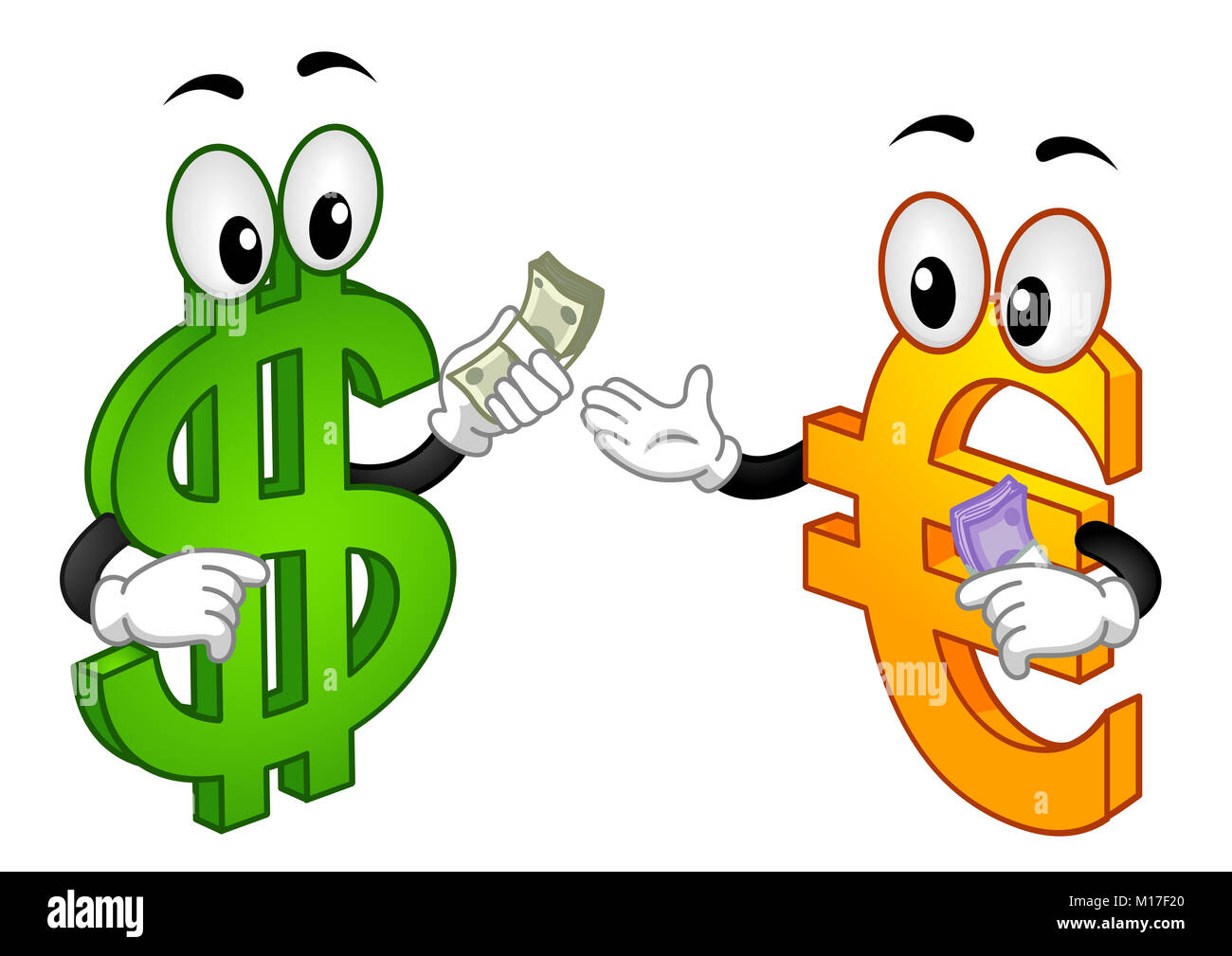 Illustrazione di un dollaro mascotte lo scambio di una borra di denaro con una mascotte di Euro Foto Stock