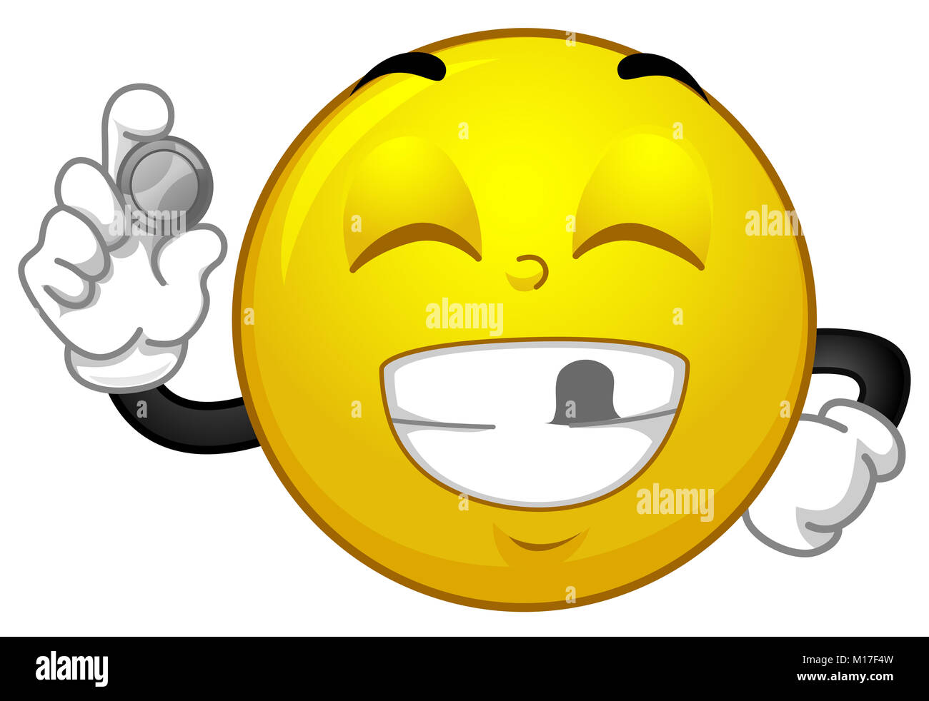 Illustrazione di una mascotte Smiley con un dente allentato in possesso di una moneta da un dente di fata Foto Stock
