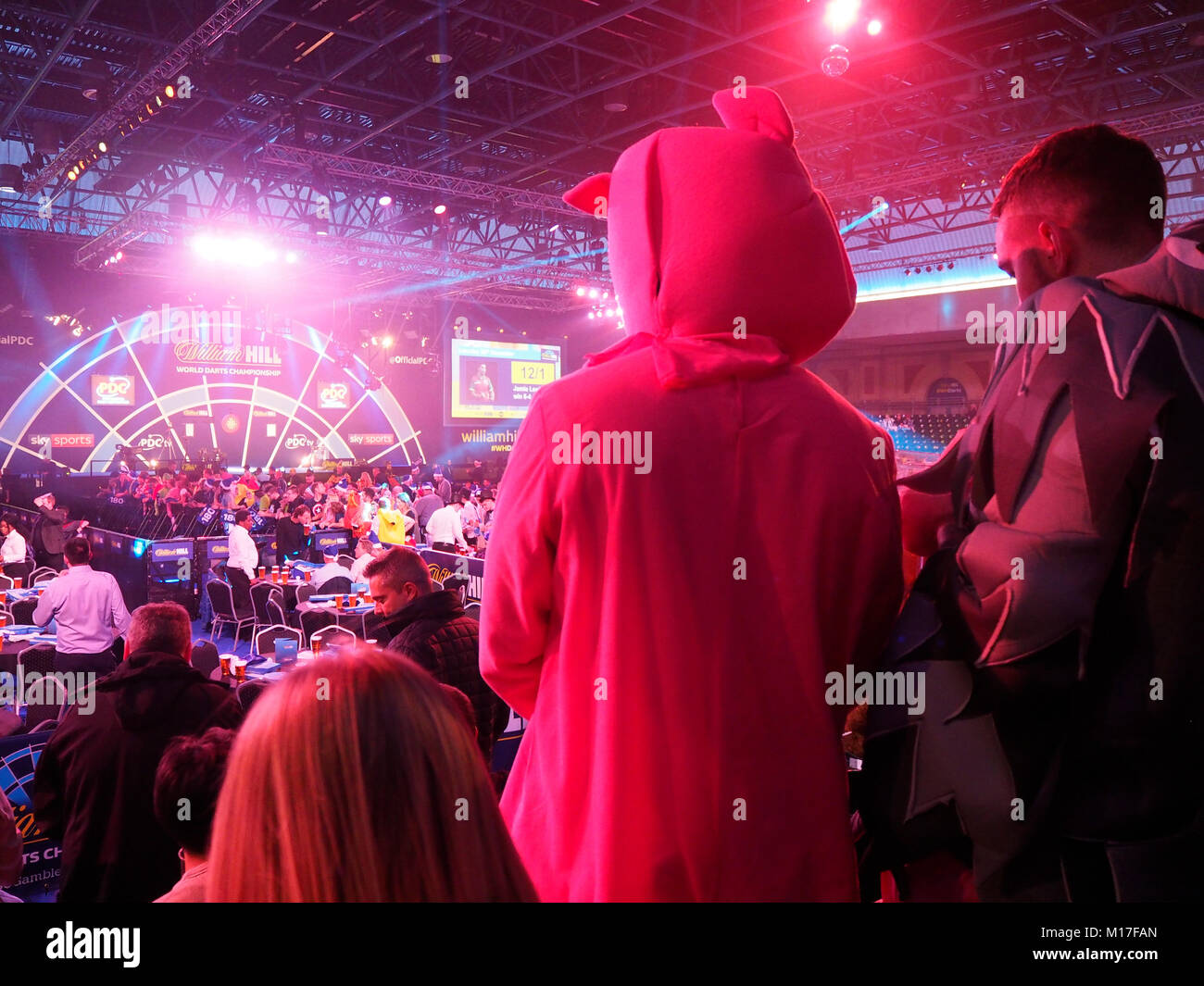 London, Regno Unito - 30 DIC 2017: Freccette ventole in abiti a fantasia sono partying all interno della Londra Alexandra Palace (Ally Pally) durante il mondo freccette campionato. Foto Stock