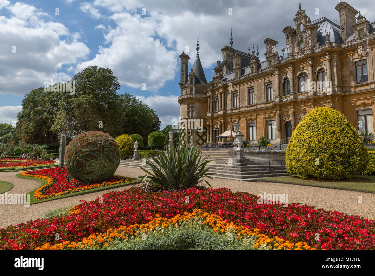 Il parterre a Waddesdon Manor in piena fioritura in rosso, arancione e nero schema impianto. Foto Stock