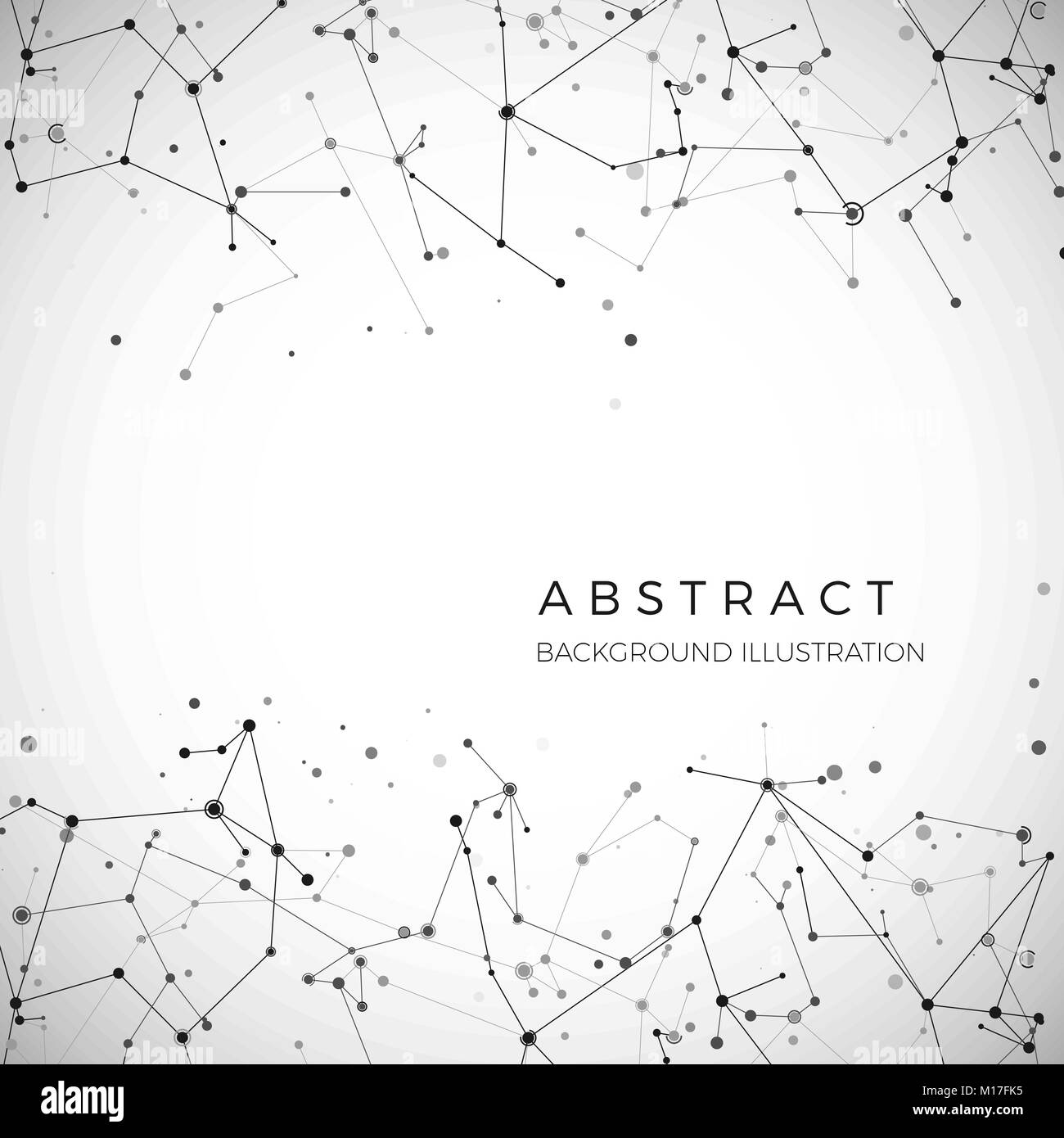 Nodo, punti e linee. Particelle di astratta geometrica sfondo grafico. Struttura di atomi, molecole e comunicazione. Grande complesso di dati con composti. Illustrazione Vettoriale