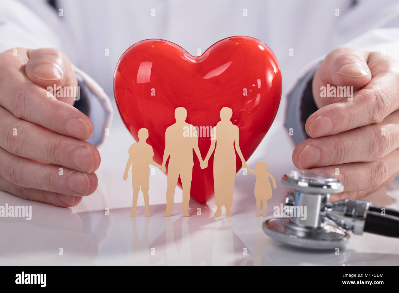 Close-up del medico la mano protegge cuore rosso e la famiglia carta tagliato Foto Stock
