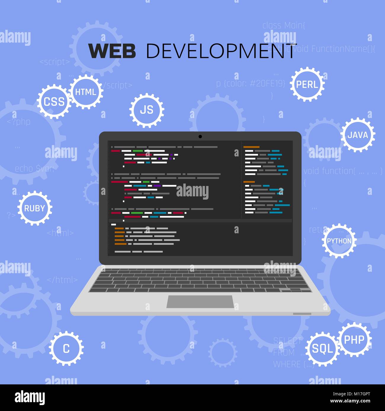 Programmazione e codifica. Linguaggi di programmazione. Sviluppo Web. Il test del software. Concetto infografico vettore Illustrazione Vettoriale