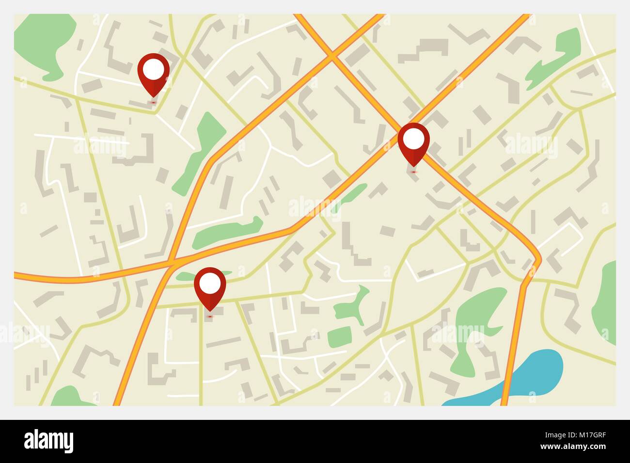 Vector mappa della città con i marcatori rossi Illustrazione Vettoriale