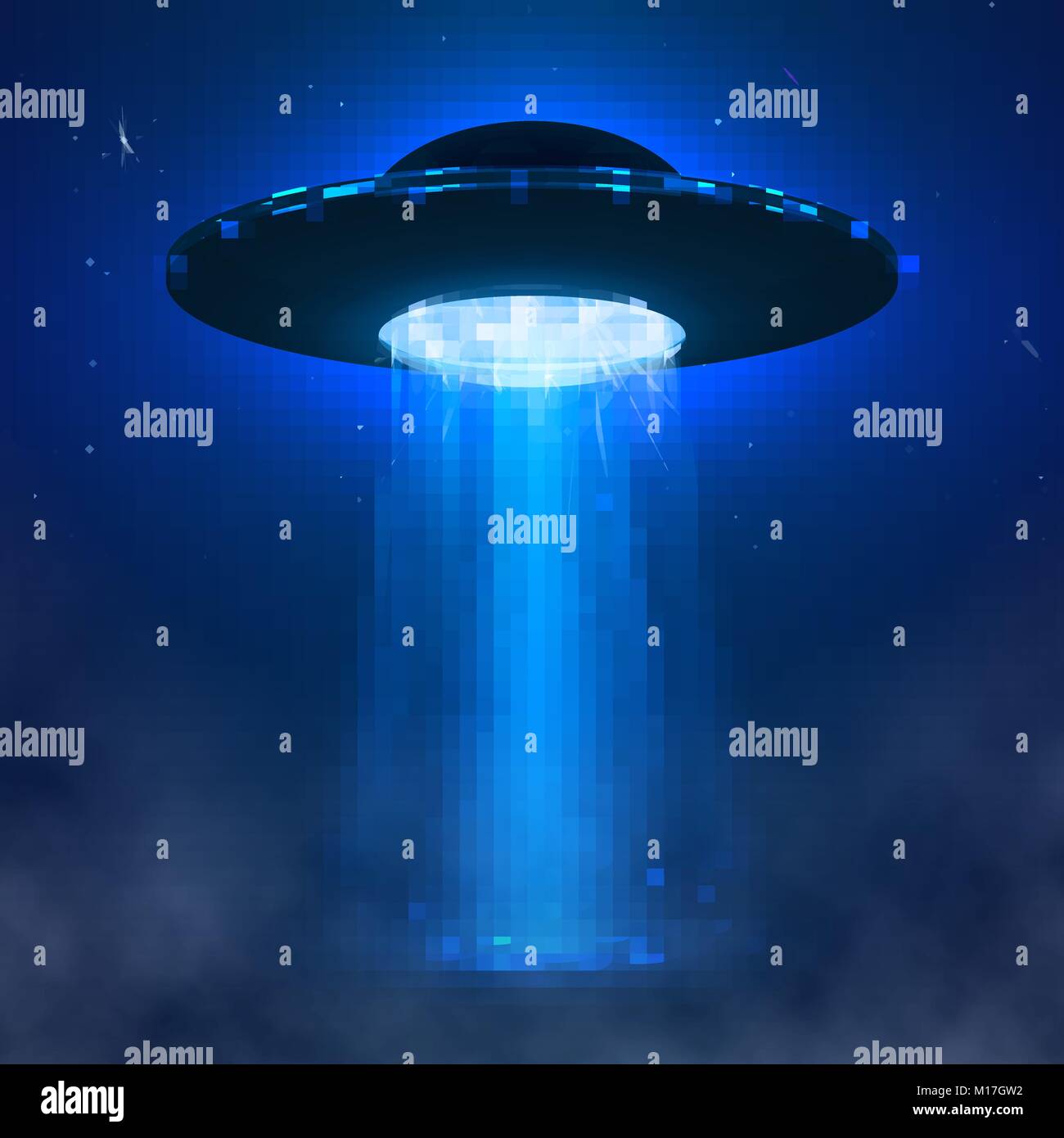 UFO. Navicelle aliene con fascio di luce e la nebbia. UFO illustrazione vettoriale Illustrazione Vettoriale