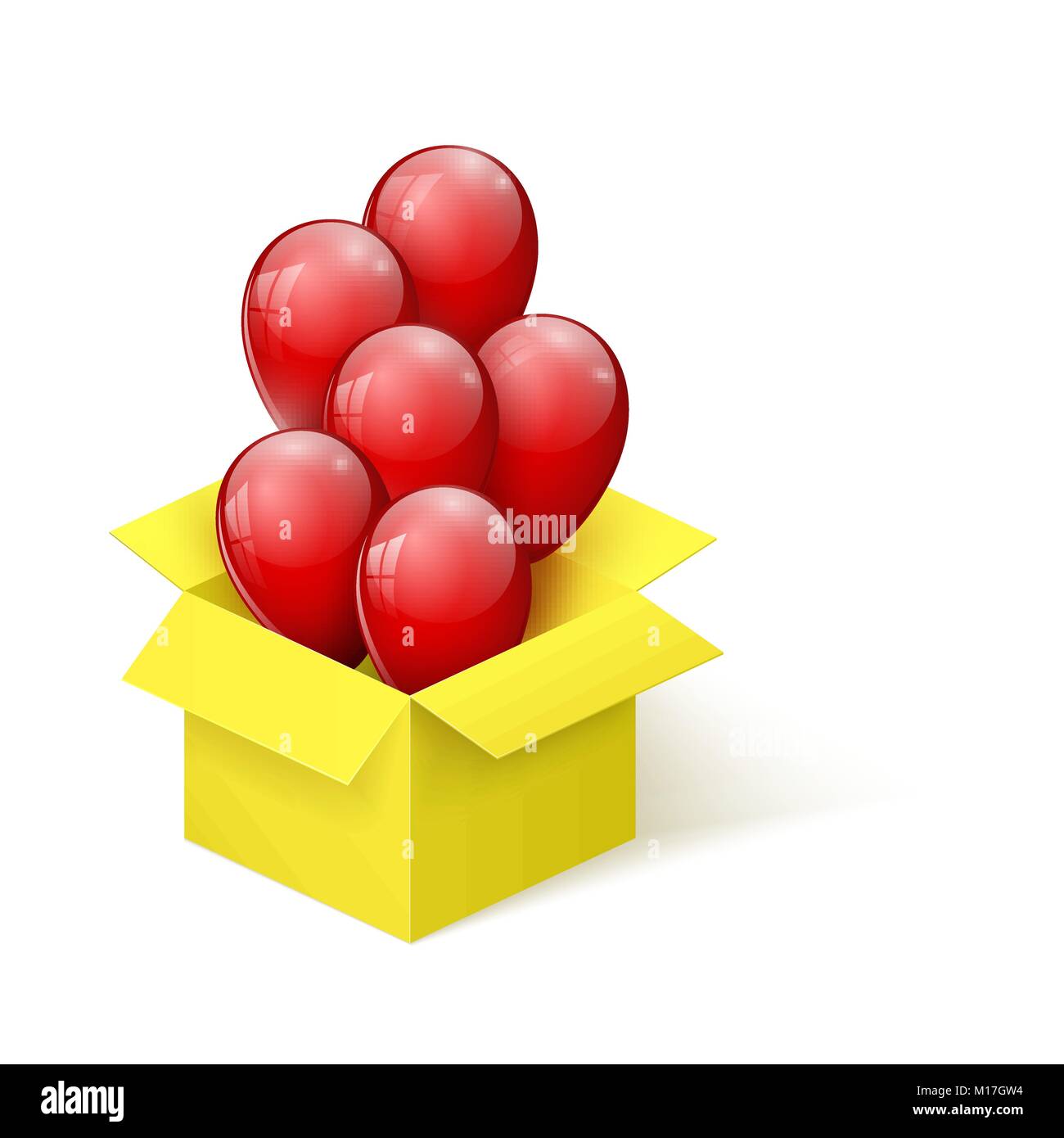Lucido rosso palloncini volare al di fuori della apertura di una casella gialla. illustrazione vettoriale Illustrazione Vettoriale