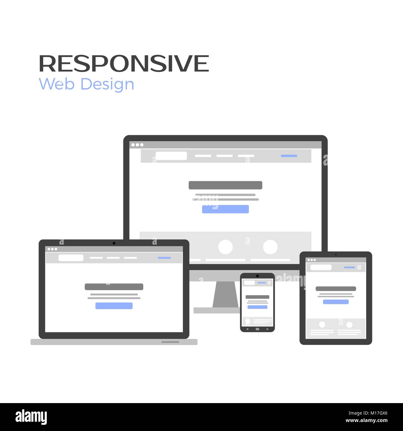 Concetto risponde Web Design. Landing page anteprima su schermo dei gadget. Piatto illustrazione vettore isolato su bianco Illustrazione Vettoriale