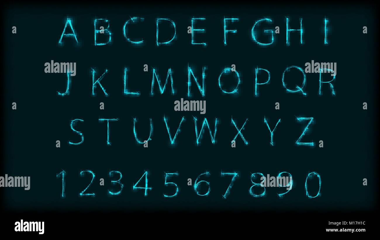 Neon lettere abc simbolo ricomposto. Design alfabeto romano e numeri con effetto neon. Illustrazione Vettoriale Illustrazione Vettoriale