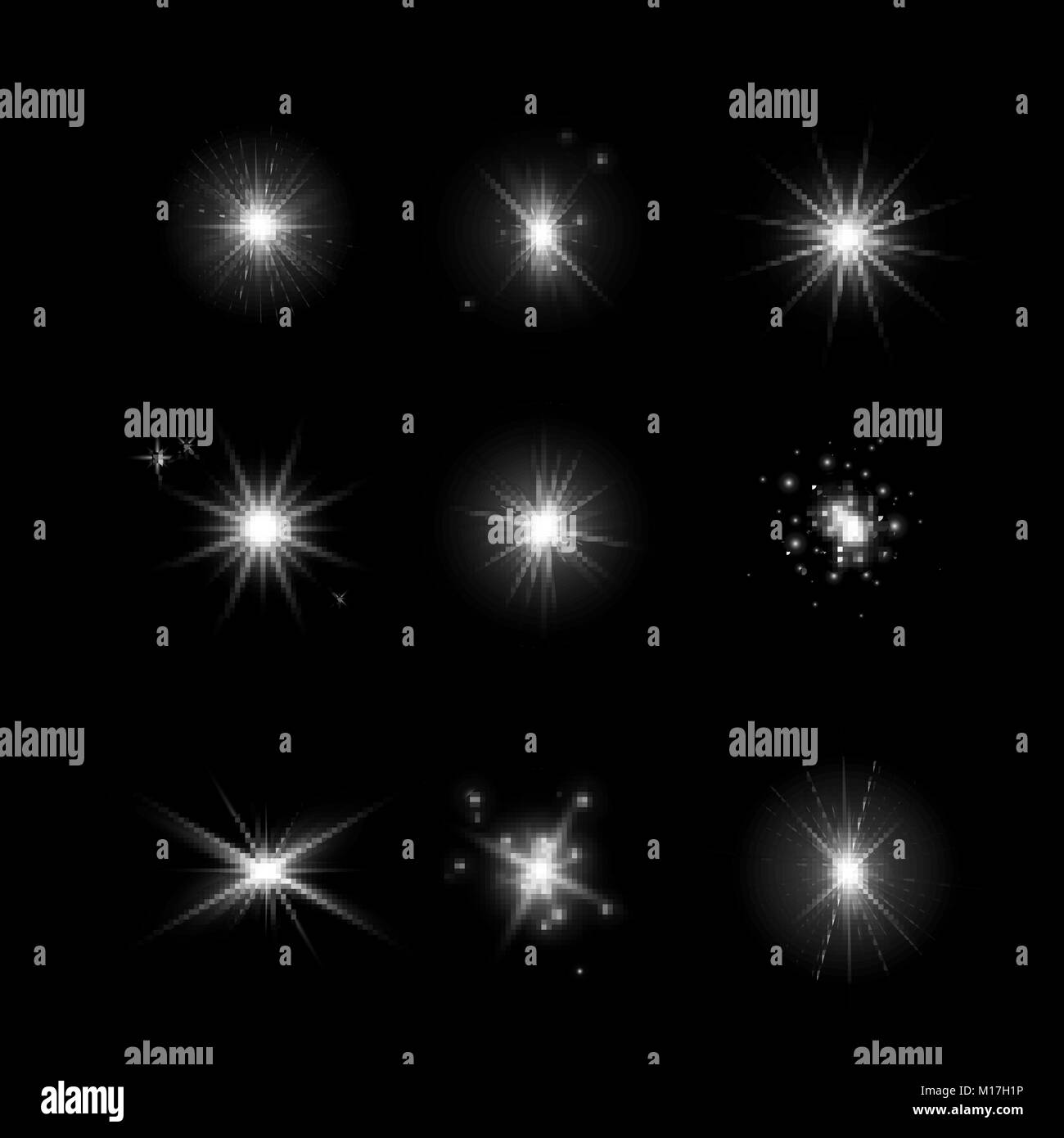 Set di incandescente effetto luce di stelle. Burst con brillantini scuro su sfondo trasparente. Vettore trasparente stelle isolato sul buio Illustrazione Vettoriale
