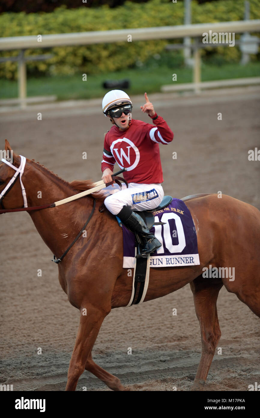 Hallandale, FL, Stati Uniti d'America. 27 gennaio, 2018. Le scommesse fucile preferito Runner #10, cavalcato da Florent Geroux, vince il $16 milioni di Pegasus World Cup Invitational, più ricche del mondo purosangue corsa di cavalli al Gulfstream Park il 27 gennaio 2018 in Hallandale, Florida trasmissione Ref: FLXX Credito: Hoo Me.Com/Media punzone/Alamy Live News Foto Stock