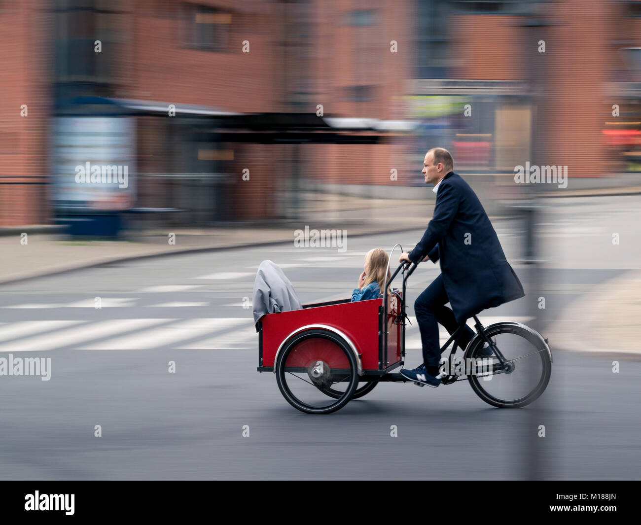 VIBORG, Danimarca - 21 settembre 2016: un uomo non identificato in sella ad una bicicletta cargo con sua figlia in esso a Viborg, capitale di entrambe Viborg municipal Foto Stock
