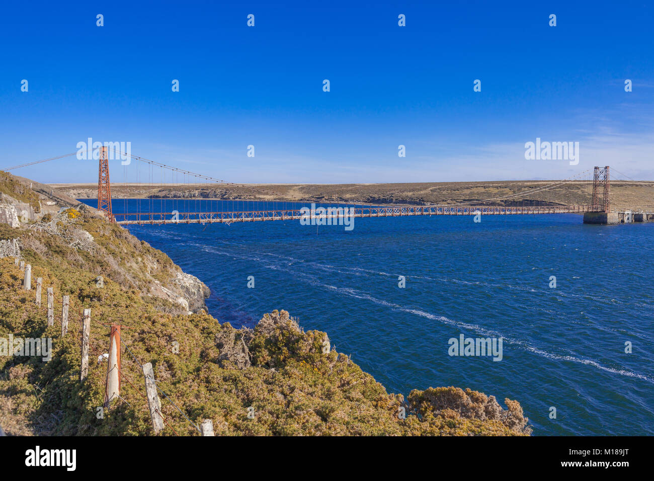 Bodie Creek ponte di sospensione, oca Verde, Isole Falkland Foto Stock