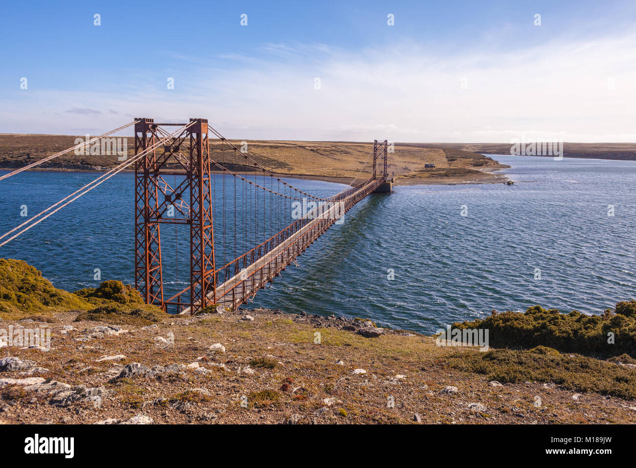 Bodie Creek ponte di sospensione, oca Verde, Isole Falkland Foto Stock