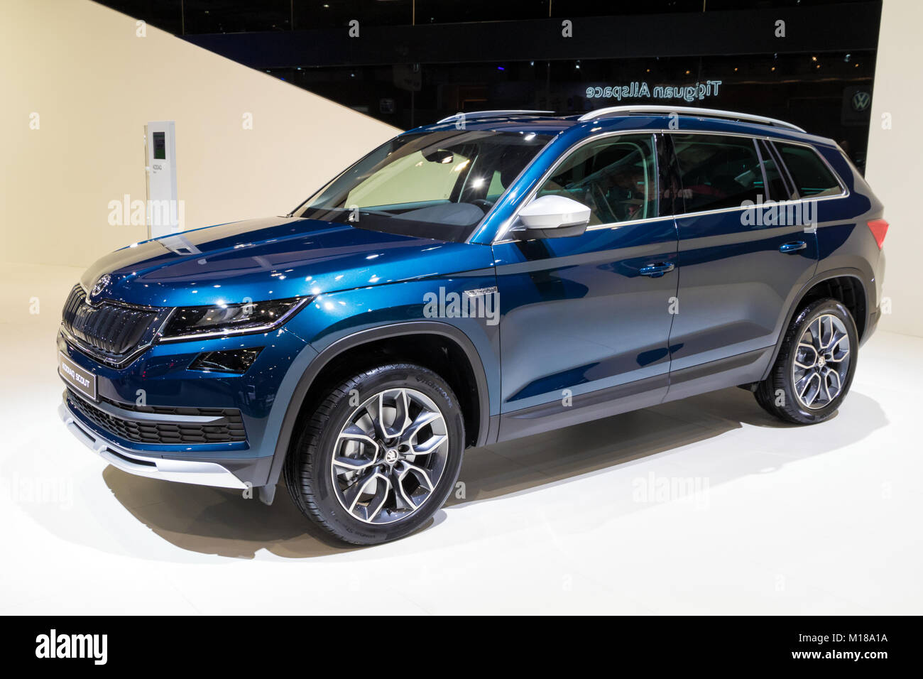 Bruxelles - Jan 10, 2018: nuova Skoda Kodiaq Scout Auto SUV illustrato a Bruxelles Motor Show. Foto Stock