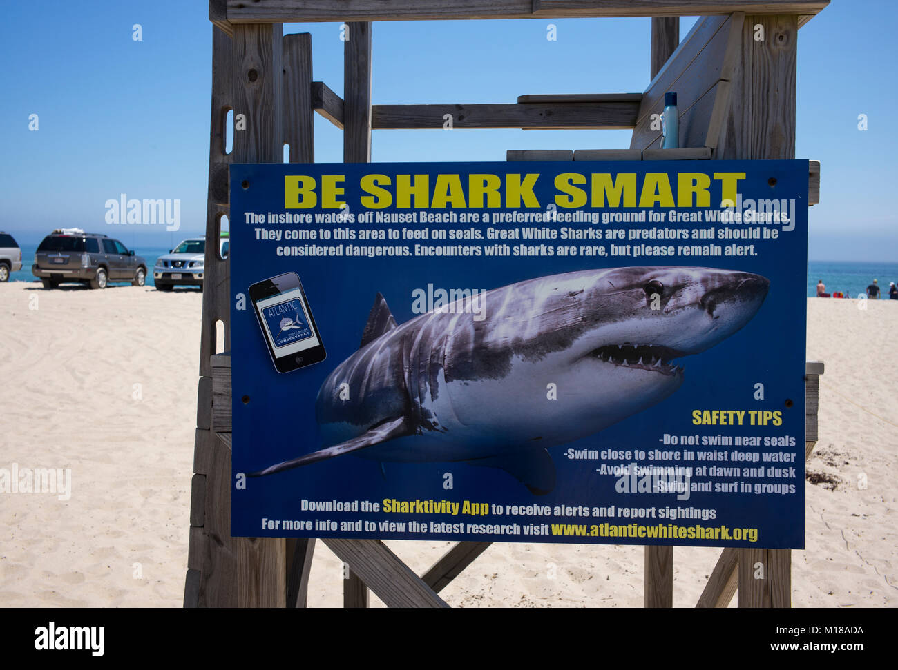 Un segno di avvertimento di squali offshore è attaccato ad un Cape Cod lifeguard stand in Oriente Orleans, Massachusetts. Foto Stock