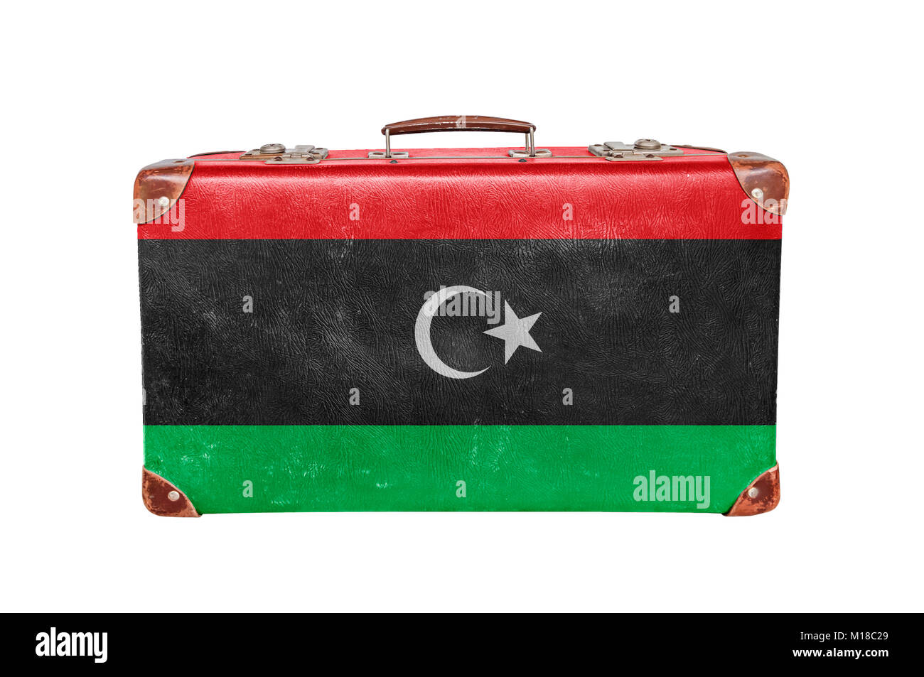 Vintage valigia con la Libia bandiera isolati su sfondo bianco Foto Stock