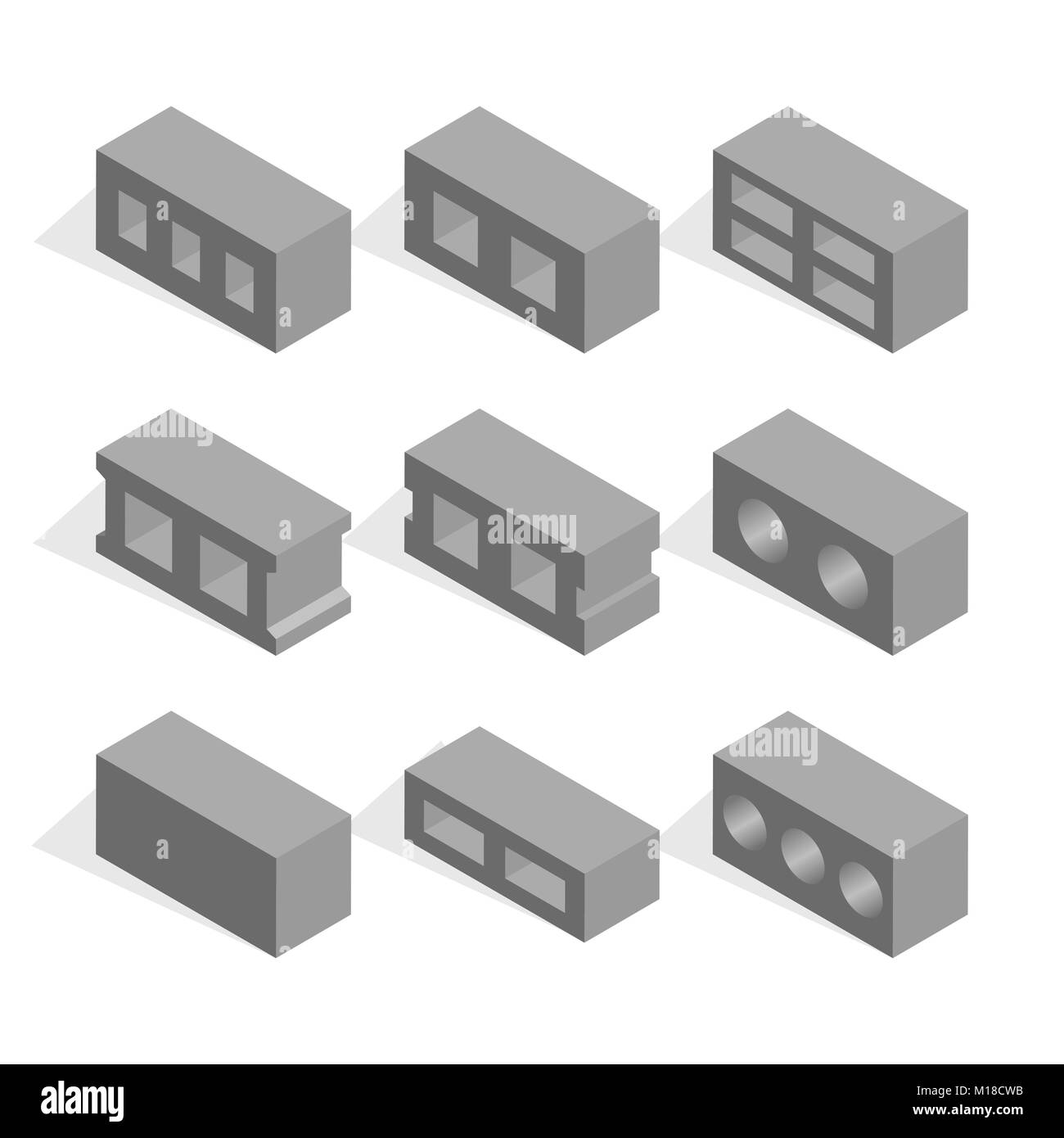 Set di forme differenti blocchi di calcestruzzo di scorie, vista da sinistra. Elementi di progettazione di materiali da costruzione. Appartamento 3D isometrica stile, illustrazione vettoriale. Illustrazione Vettoriale