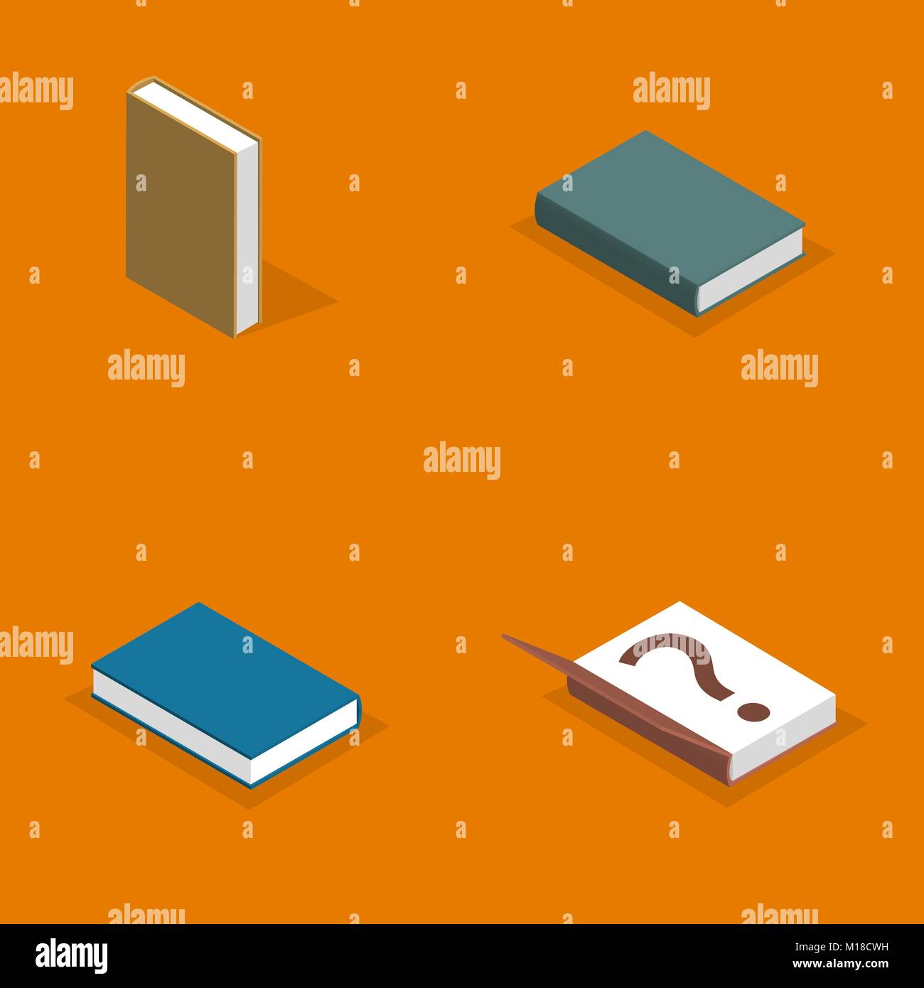 Set di icone, raccolta di libri vari isolati su sfondo giallo. Elementi di progettazione di materiali stampati. Appartamento 3D isometrica stile, illustr vettore Illustrazione Vettoriale