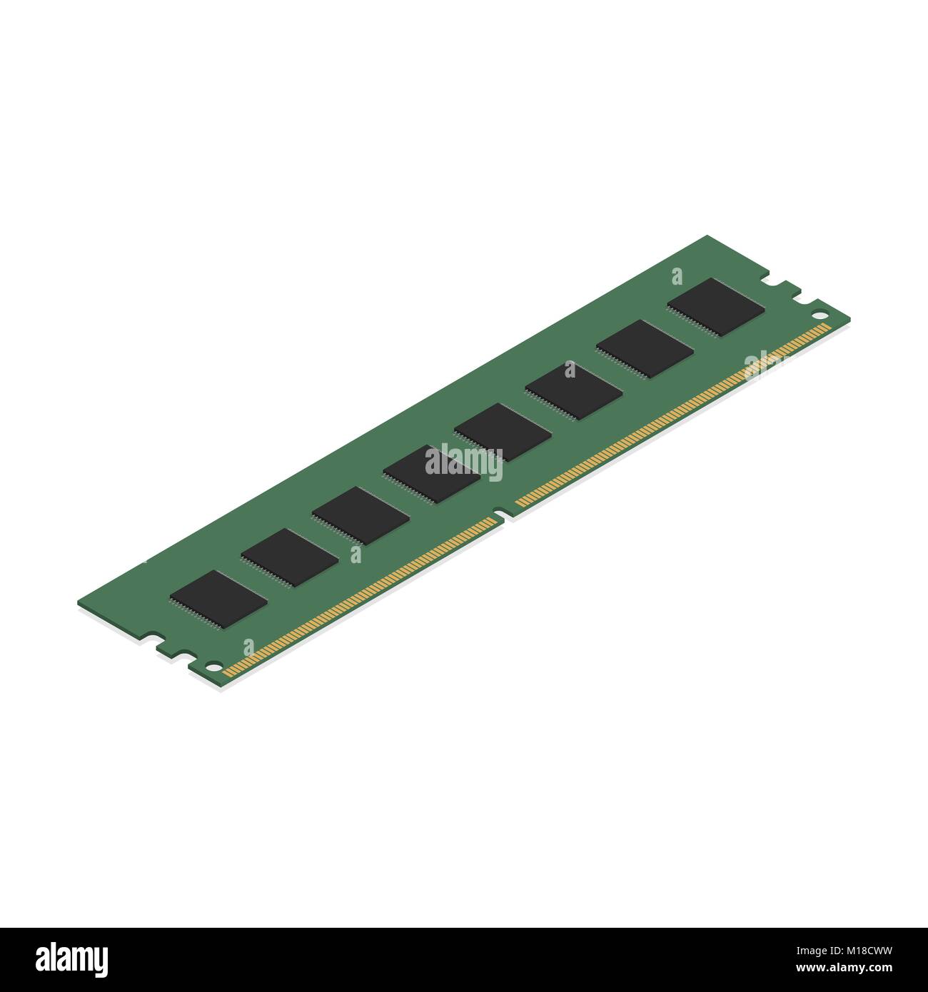 Modulo di memoria RAM, isolato su sfondo bianco, vista dall'alto. Elemento per la progettazione di dispositivi digitali e accessori per computer. Appartamento 3D isometrica stile, vecto Illustrazione Vettoriale