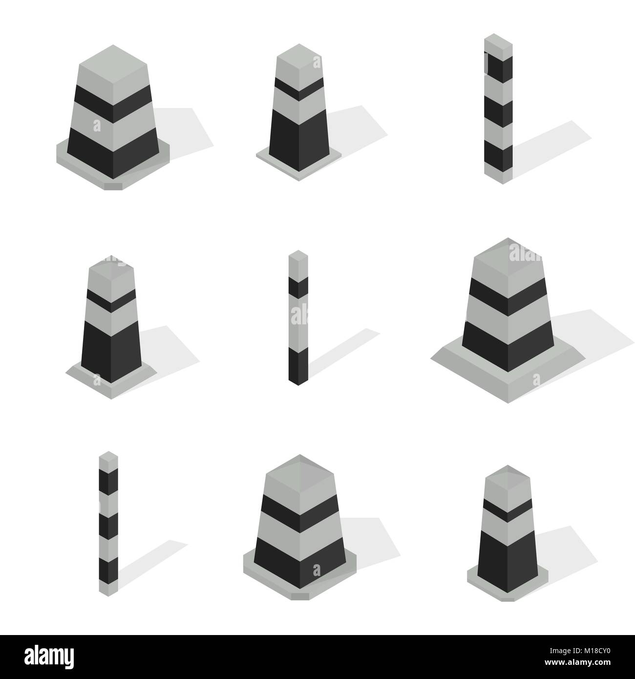 Serie di barriere di protezione stradale e colonne di cemento con strisce nere, isolato su sfondo bianco. Appartamento 3D isometrica stile, illustrazione vettoriale. Illustrazione Vettoriale