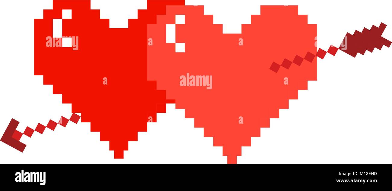 Due cuori di pixel con una freccia su uno sfondo bianco. Illustrazione Vettoriale . Illustrazione Vettoriale