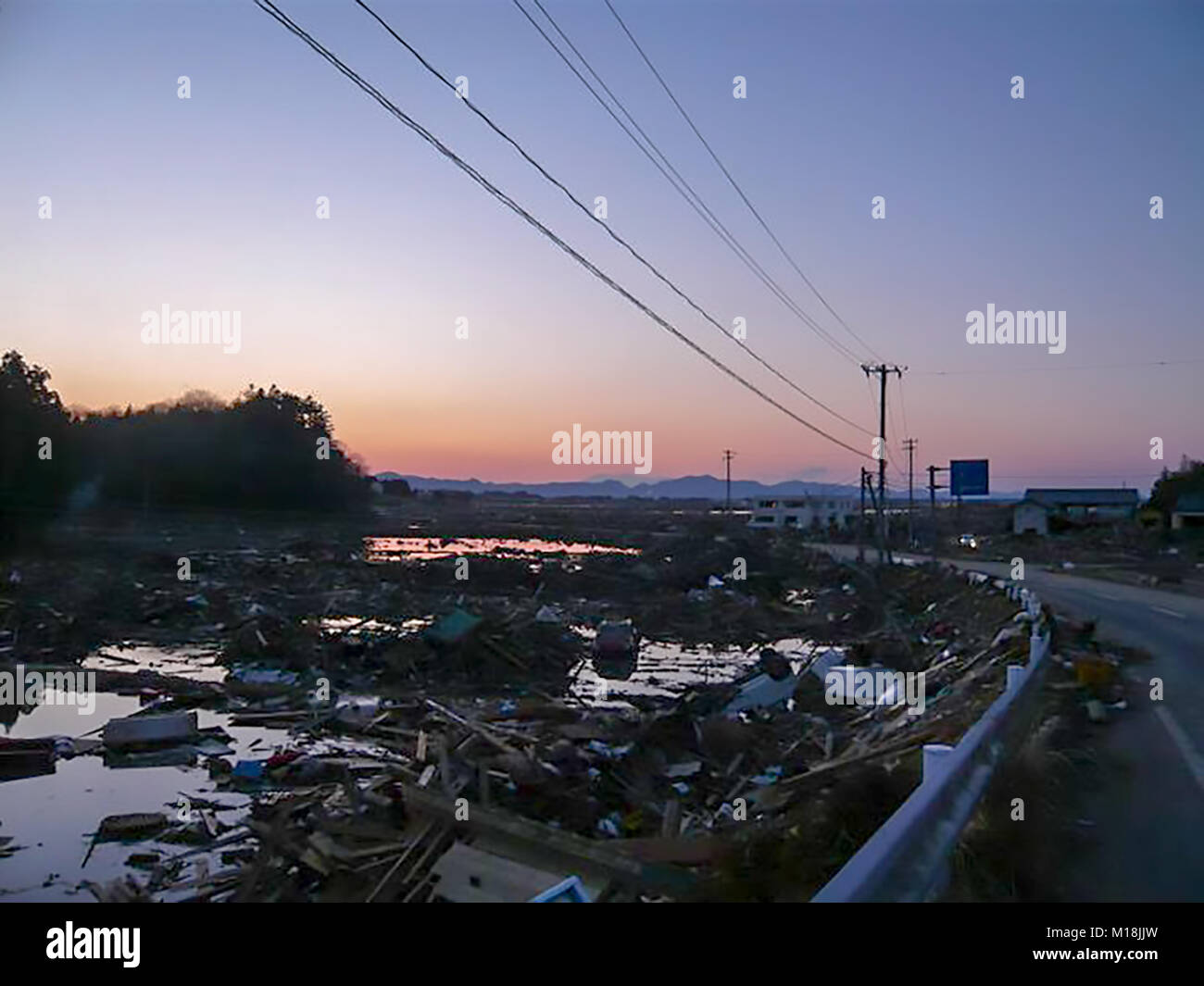 18 marzo 2011, Isobe, Soma, Fukushima, Giappone, hanno devastato la scena nel quartiere Isobe. I campi di riso sono state riempite con acqua di mare e macerie a causa di Tsunami. Poli elettrici sono state piegate e segnali di strada sono state distrutte. L'acqua, di gas e di energia elettrica sono state fuori uso per settimane in questo quartiere. Campo di riso viene desalinizzata adesso. Foto Stock