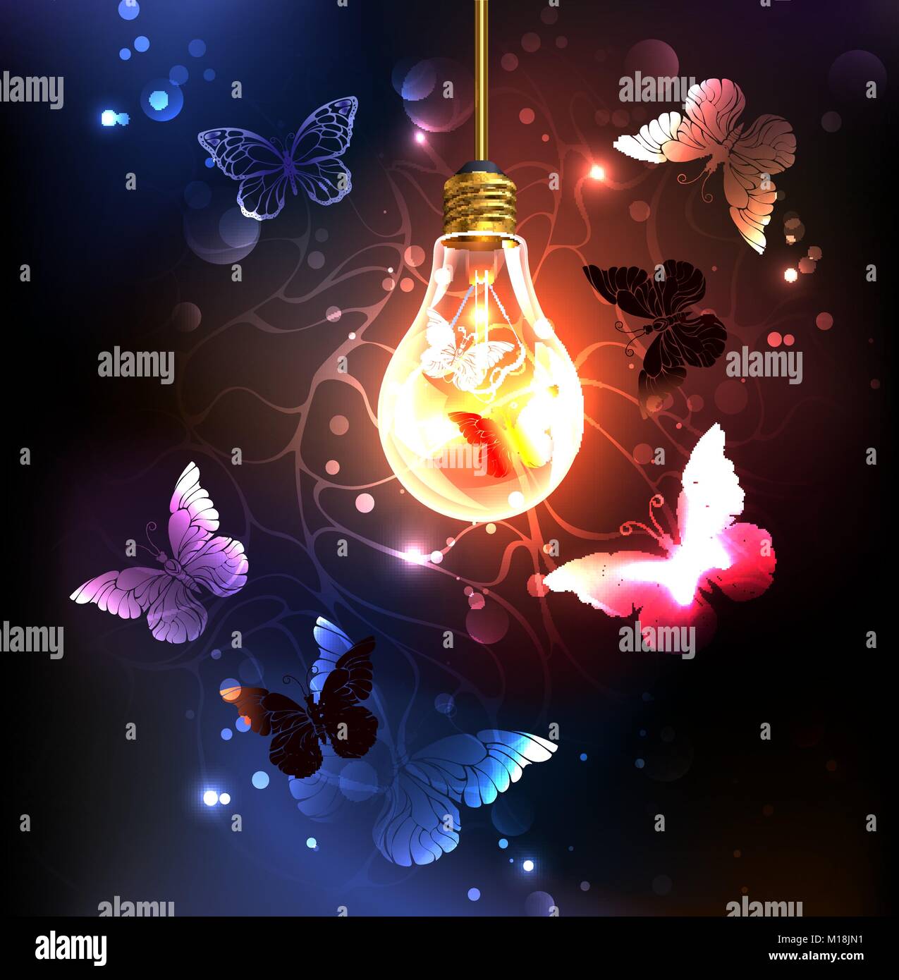 Il vetro della lampadina con farfalle di notte al buio su un sfondo luminoso. La notte delle farfalle. Design con farfalle. Illustrazione Vettoriale