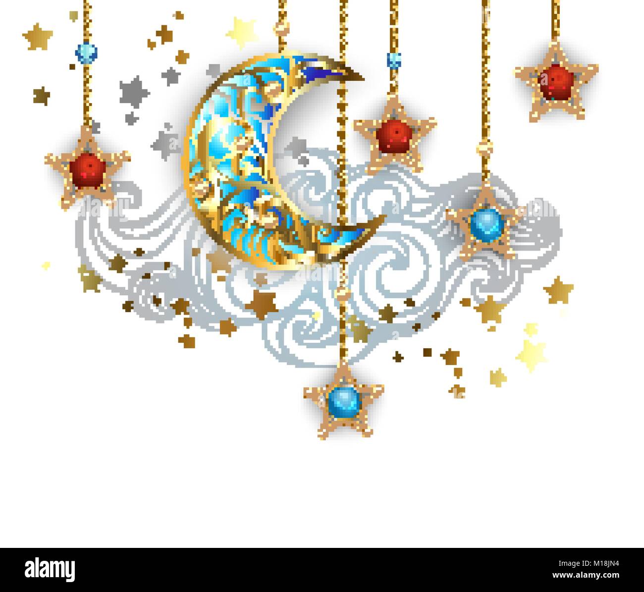 Gioielli, oro crescent con gioielli stelle su uno sfondo bianco con una nuvola di contornazione. Gioielli crescent. Illustrazione Vettoriale
