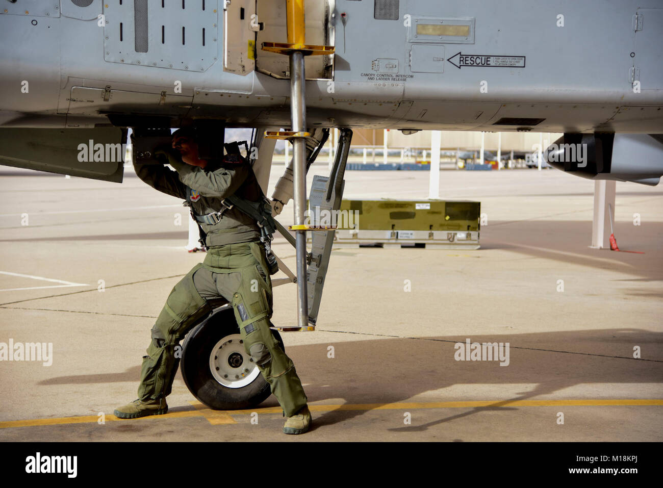 Stati Uniti Air Force Il Mag. Il Ciad Rudolph, A-10 Patrimonio pilota di volo, conduce una ispezione pre-volo su un A-10C Thunderbolt II a Davis-Monthan Air Force Base, Ariz., 22 gennaio 2018. A-10C Thunderbolt II team di dimostrazione e A-10 Patrimonio piloti di volo sono pianificati per il supporto di un patrimonio del cavalcavia di volo durante le cerimonie di apertura del Super Bowl LII di Minneapolis, Minnesota. (U.S. Air Force Foto Stock