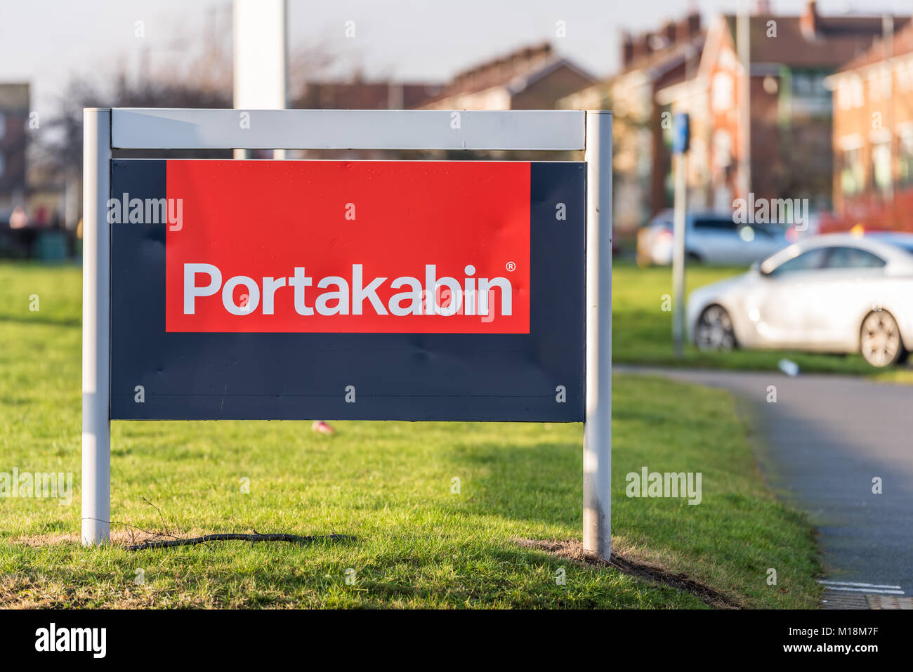Northampton UK gennaio 10 2018: Portakabin portatile e edifici modulari per il noleggio di segno del logo stand. Foto Stock