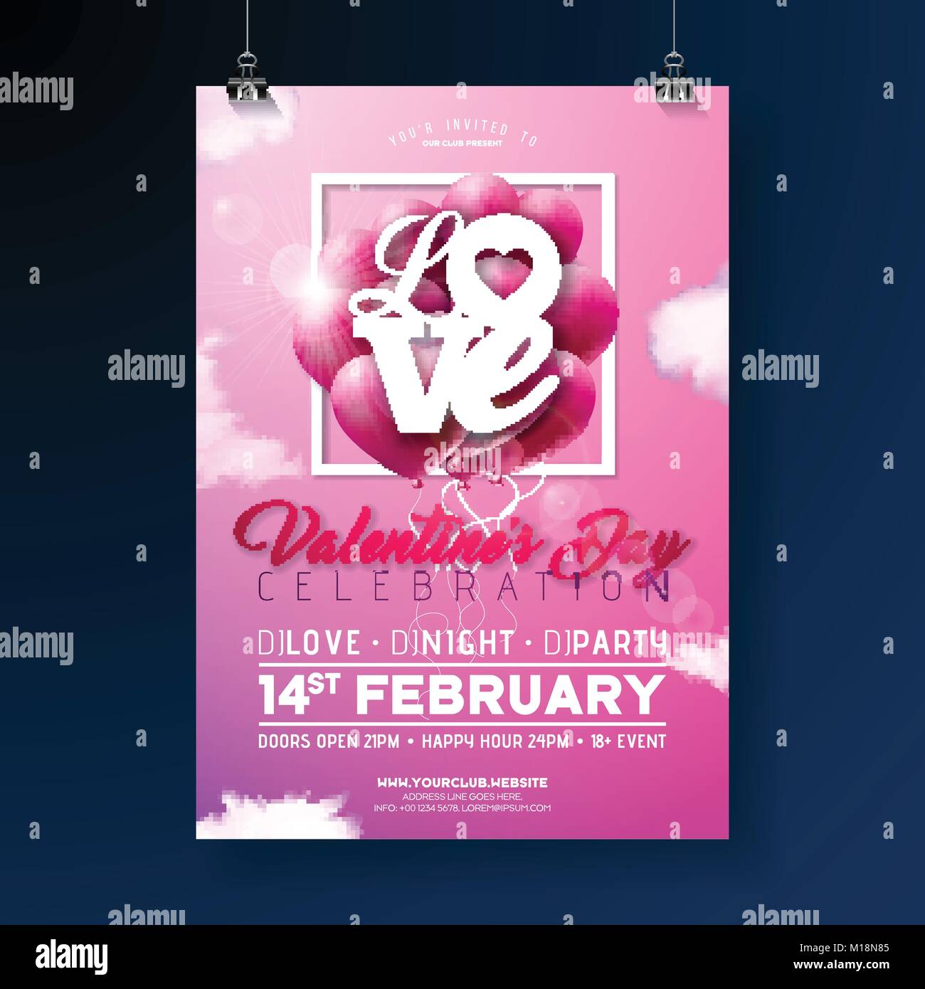 Il giorno di San Valentino Festa Flyer Design con Love Tipografia lettera e cuore palloncino sul Cloud sullo sfondo del cielo. Il vettore per la Festa di Santa modello poster per un invito o un biglietto di auguri. Illustrazione Vettoriale