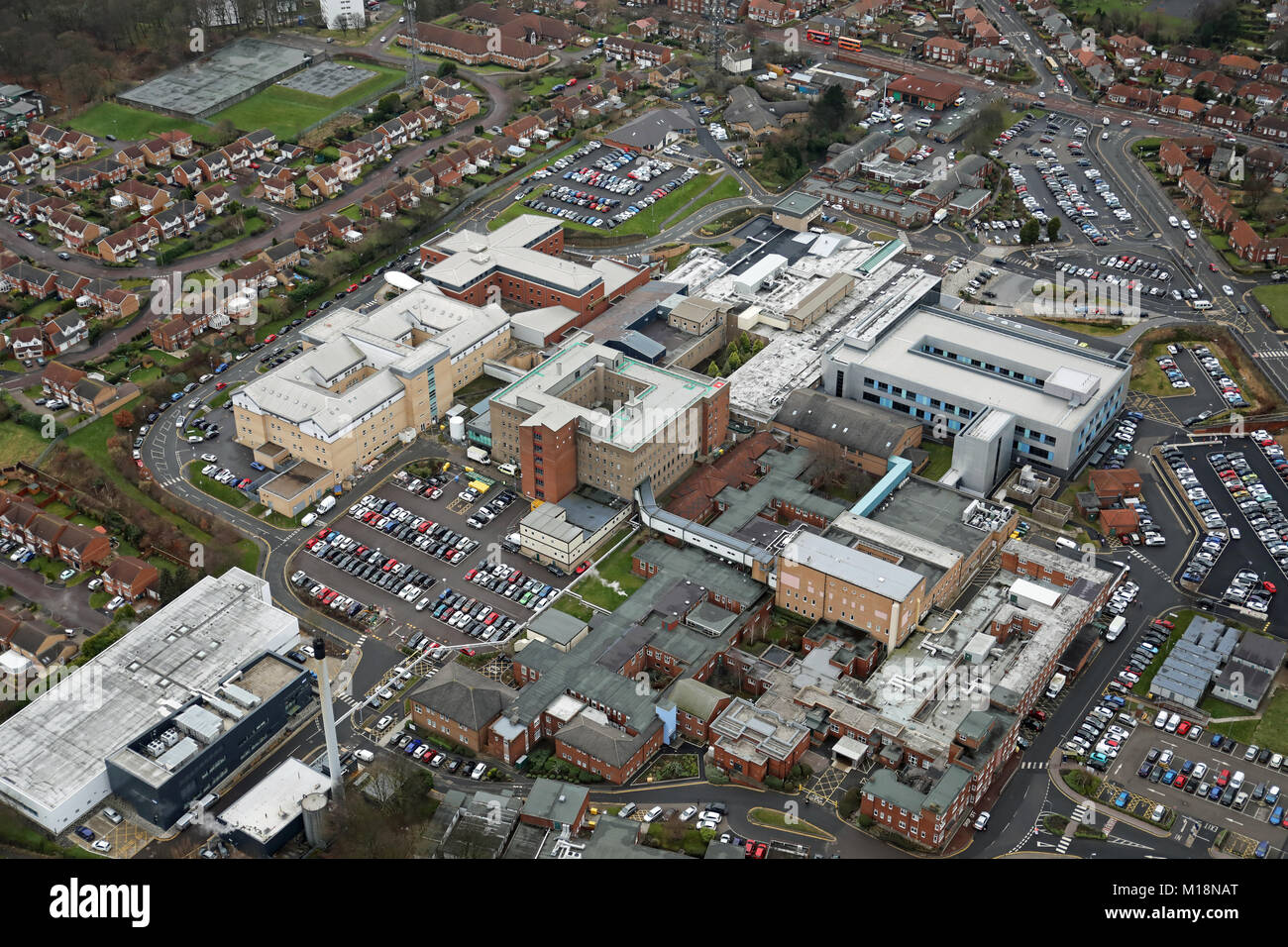 Vista aerea del Queen Elizabeth Hospital, Gateshead, Regno Unito Foto Stock